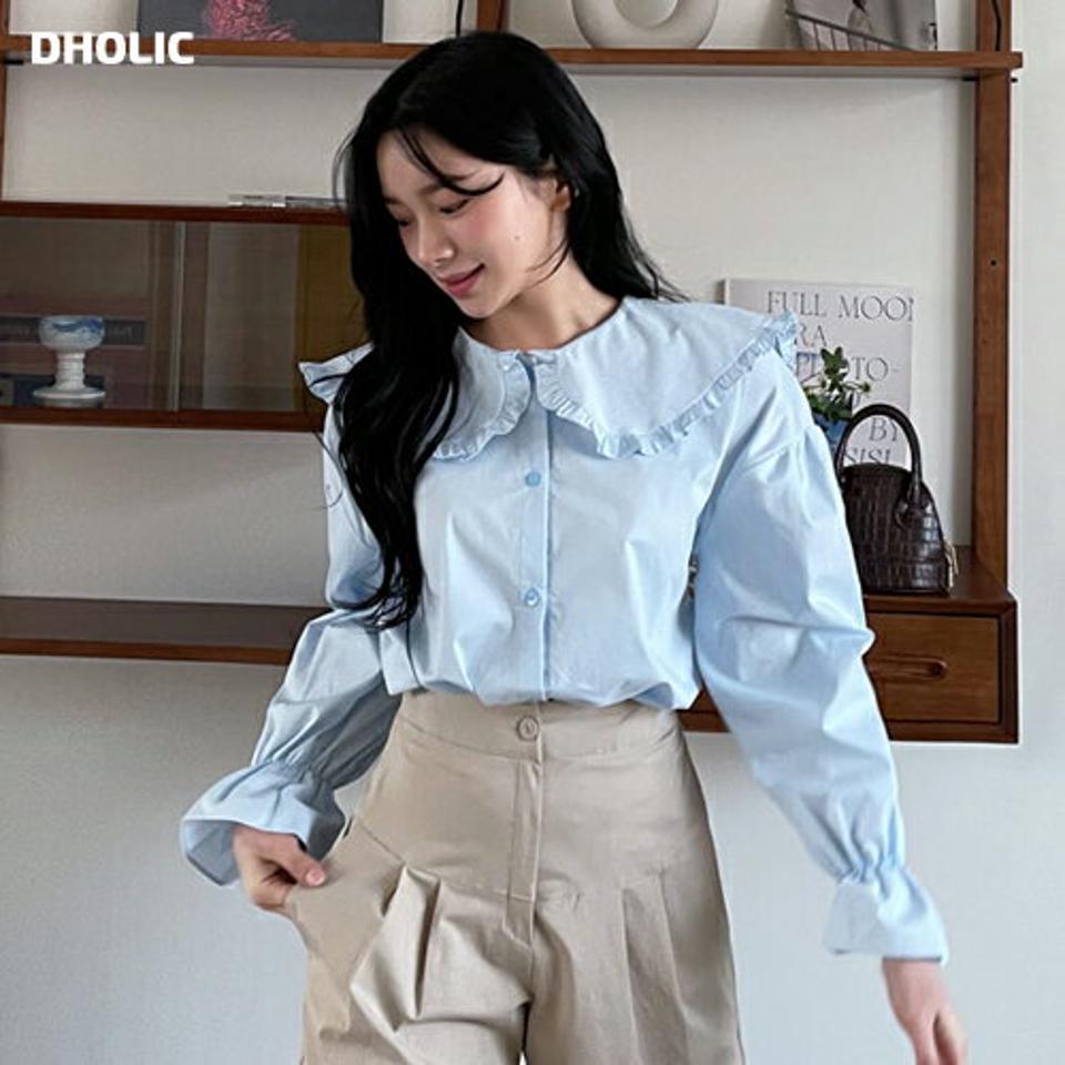 フリルカラーブラウス・全3色・t63466 レディース 【bl】【韓国 ファッション トップス ブラウス 長袖 ラウンドネック フリルカラー フリル ボリューム フリル襟 上品 ガーリー カジュアル 体型カバー 細身 デイリー 秋 春】【NIJU】