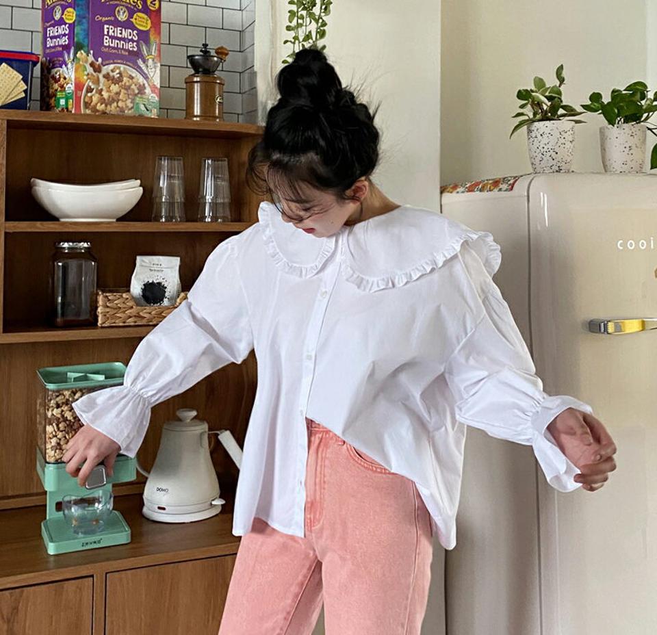 フリルカラーブラウス・全3色・t63466 レディース 【bl】【韓国 ファッション トップス ブラウス 長袖 ラウンドネック フリルカラー フリル ボリューム フリル襟 上品 ガーリー カジュアル 体型カバー 細身 デイリー 秋 春】【NIJU】