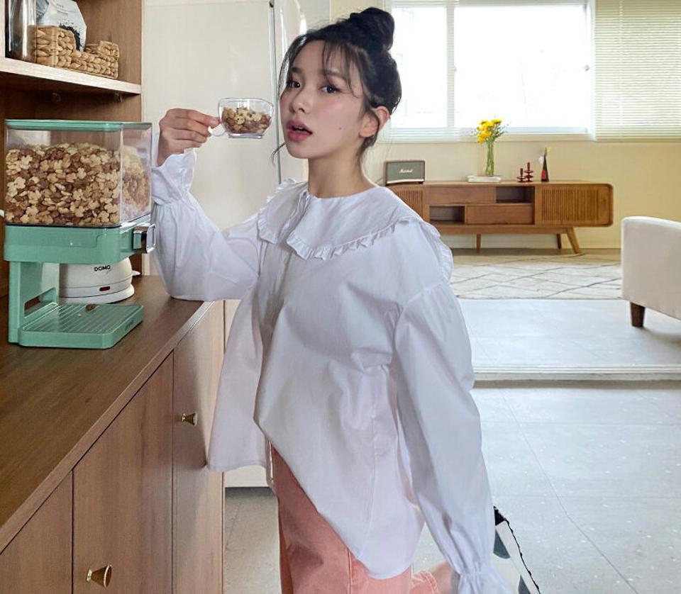 フリルカラーブラウス・全3色・t63466 レディース 【bl】【韓国 ファッション トップス ブラウス 長袖 ラウンドネック フリルカラー フリル ボリューム フリル襟 上品 ガーリー カジュアル 体型カバー 細身 デイリー 秋 春】【NIJU】