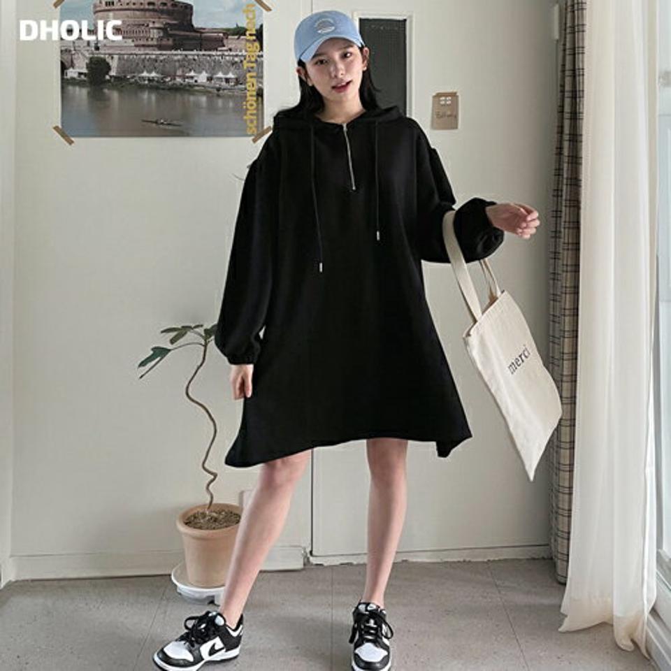 ハーフジップフードミニワンピース・全2色・t63472 レディース 【ops】【韓国 ファッション ワンピース ミニ ミニワンピース カジュアル かわいい フードワンピース フード フレア パフスリーブ ルーズ スリム 体型カバー 秋 春】【NIJU】