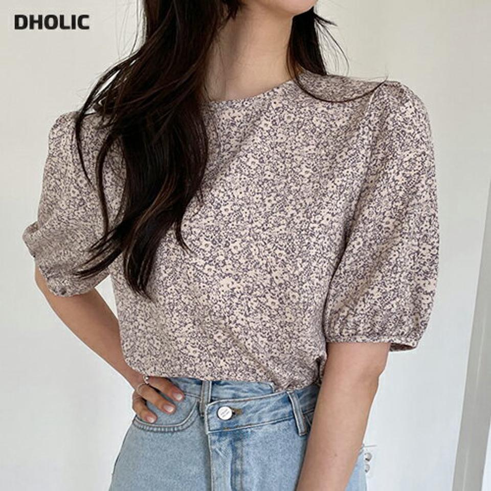 フローラルパターンブラウス・全3色・t56982 レディース 【bl】【韓国 ファッション トップス ブラウス 半袖 上品 花柄 フラワー フローラル パターン ラウンドネック ハーフスリーブ ボリューム フェミニン カジュアル デイリー 秋 春】