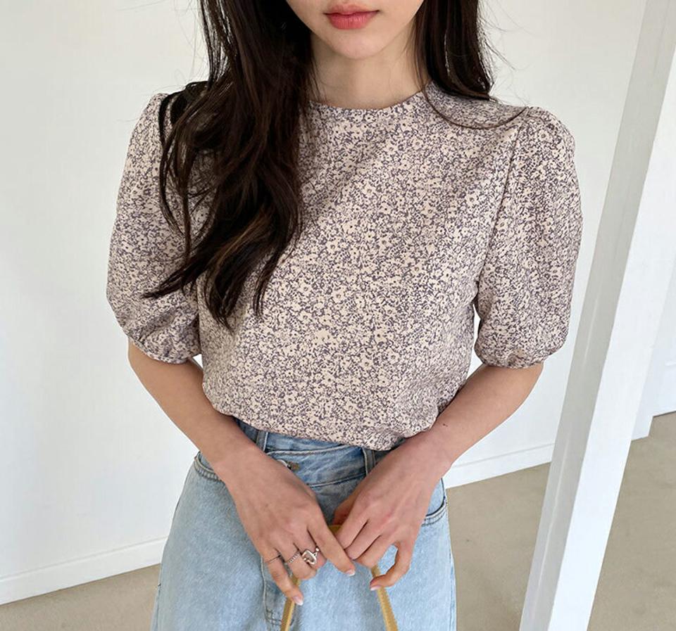 フローラルパターンブラウス・全3色・t56982 レディース 【bl】【韓国 ファッション トップス ブラウス 半袖 上品 花柄 フラワー フローラル パターン ラウンドネック ハーフスリーブ ボリューム フェミニン カジュアル デイリー 秋 春】