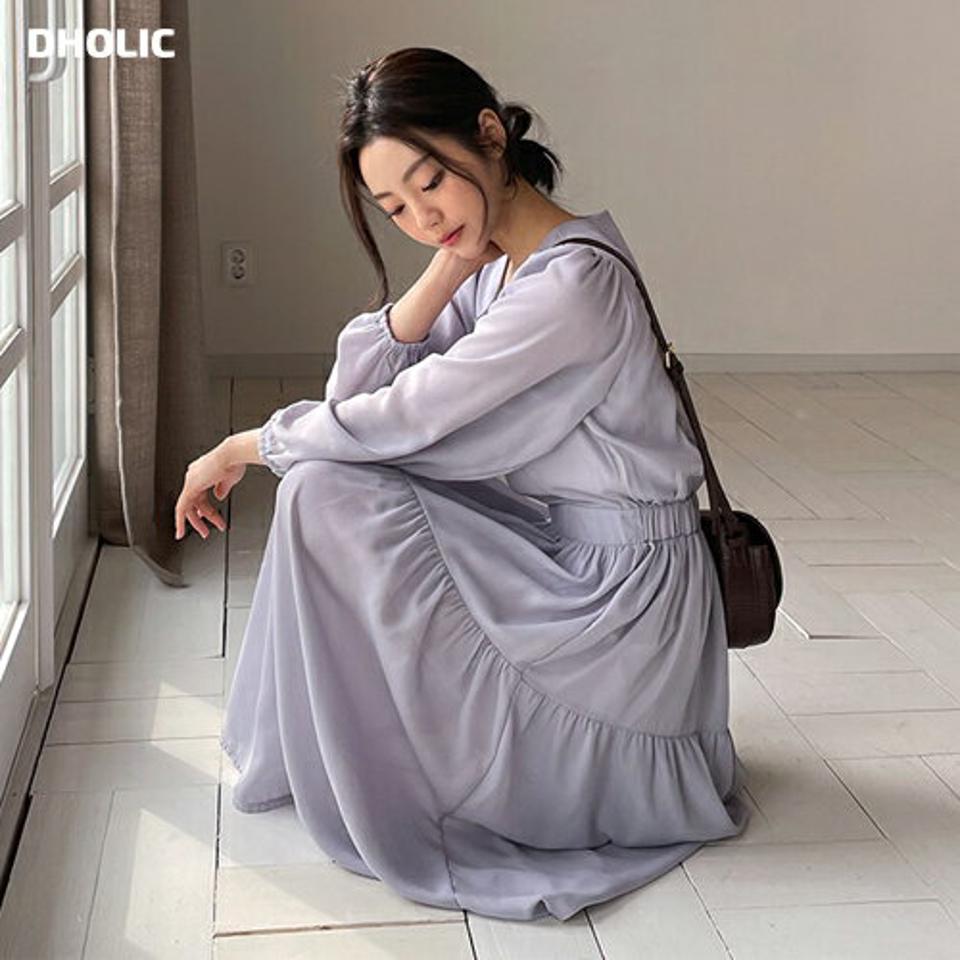 ラウンドネックワンピース・全3色・t57019 レディース 【ops】【韓国 ファッション ワンピース ロング ロングワンピース カジュアル ラウンドネック ギャザー ウエストゴム 揺れ感 フェミニン 細身 体型カバー 秋 春】