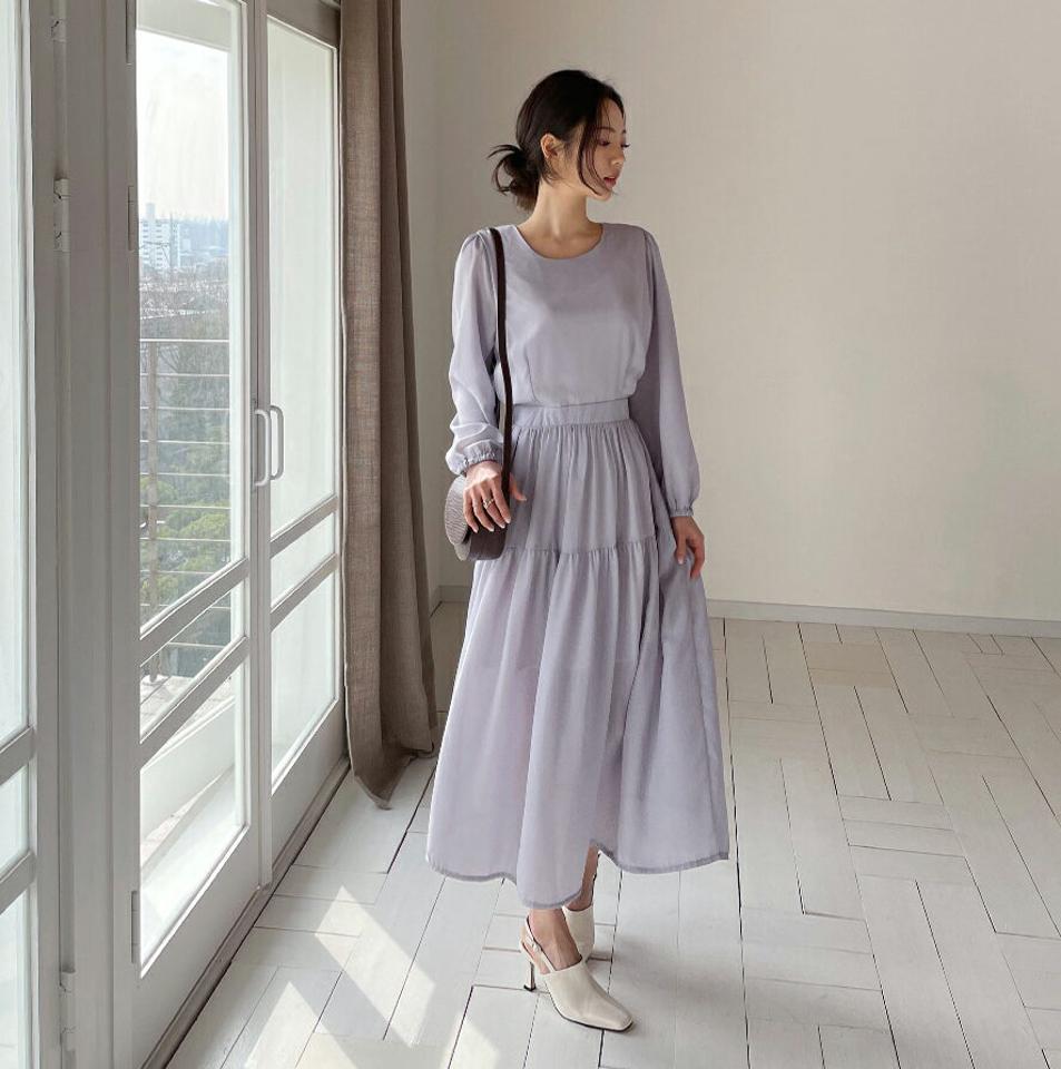 ラウンドネックワンピース・全3色・t57019 レディース 【ops】【韓国 ファッション ワンピース ロング ロングワンピース カジュアル ラウンドネック ギャザー ウエストゴム 揺れ感 フェミニン 細身 体型カバー 秋 春】