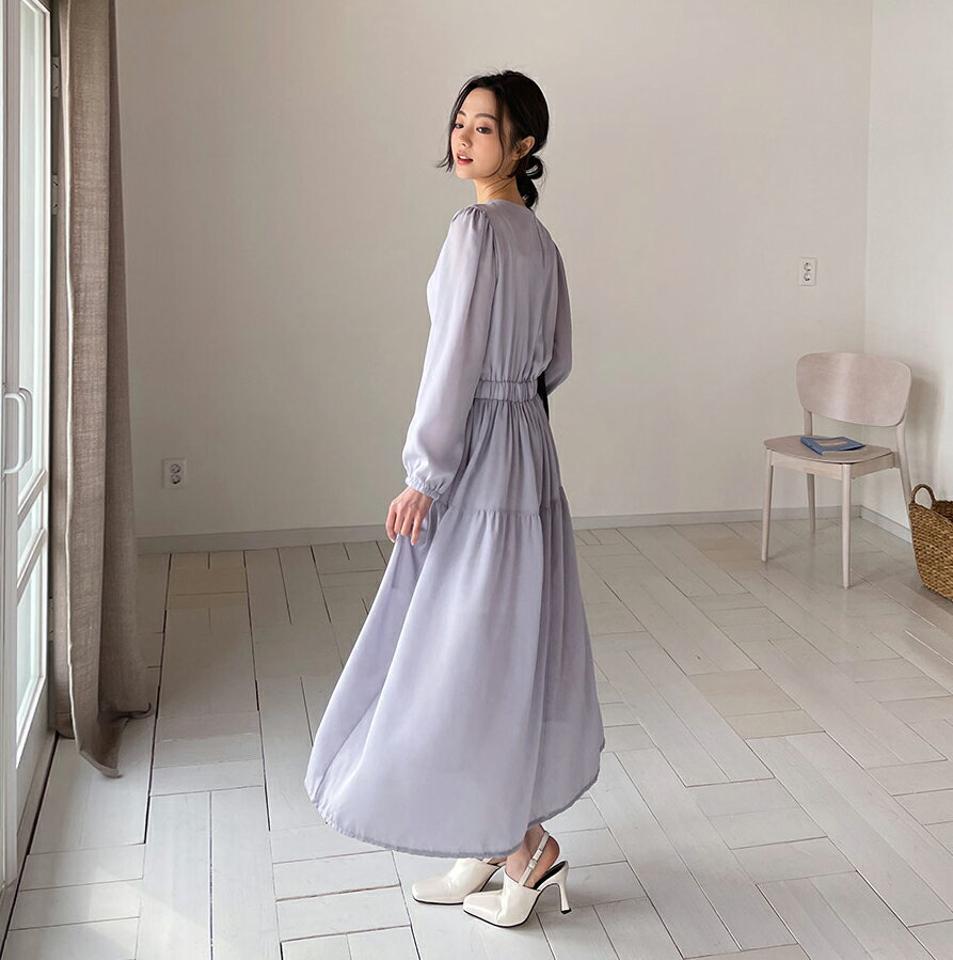 ラウンドネックワンピース・全3色・t57019 レディース 【ops】【韓国 ファッション ワンピース ロング ロングワンピース カジュアル ラウンドネック ギャザー ウエストゴム 揺れ感 フェミニン 細身 体型カバー 秋 春】