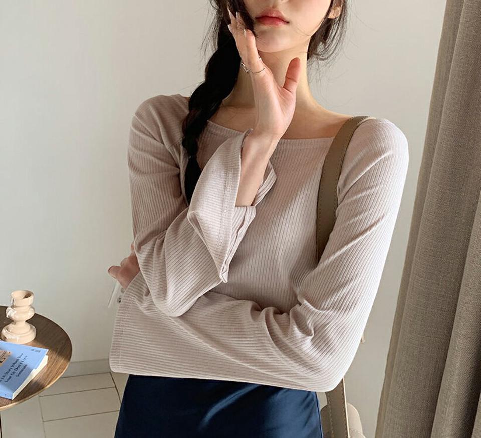 リブスクエアネックTシャツ・全4色・t56988 レディース 【tops】【韓国 ファッション トップス Tシャツ 長袖 リブ スクエアネック スリム フィット ラグランスリーブ スリット カジュアル 体型カーバー デイリー 細身 秋 春】
