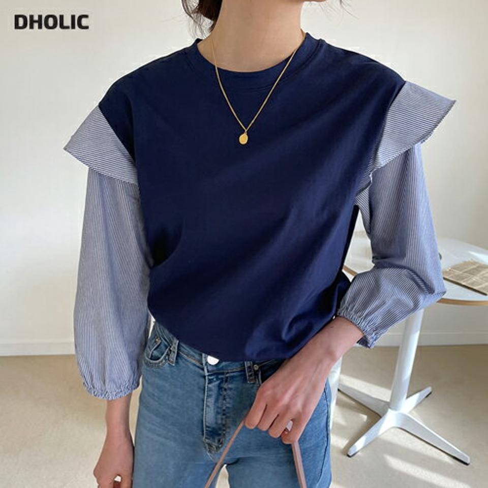 ストライプフリルスリーブTシャツ・全3色・b57018 レディース 【tops】【韓国 ファッション トップス Tシャツ 長袖 ラウンドネック ストライプ フリル スリーブ コントラスト 異素材 配色 肩フリル カジュアル 体型カーバー デイリー 細身 秋 春】