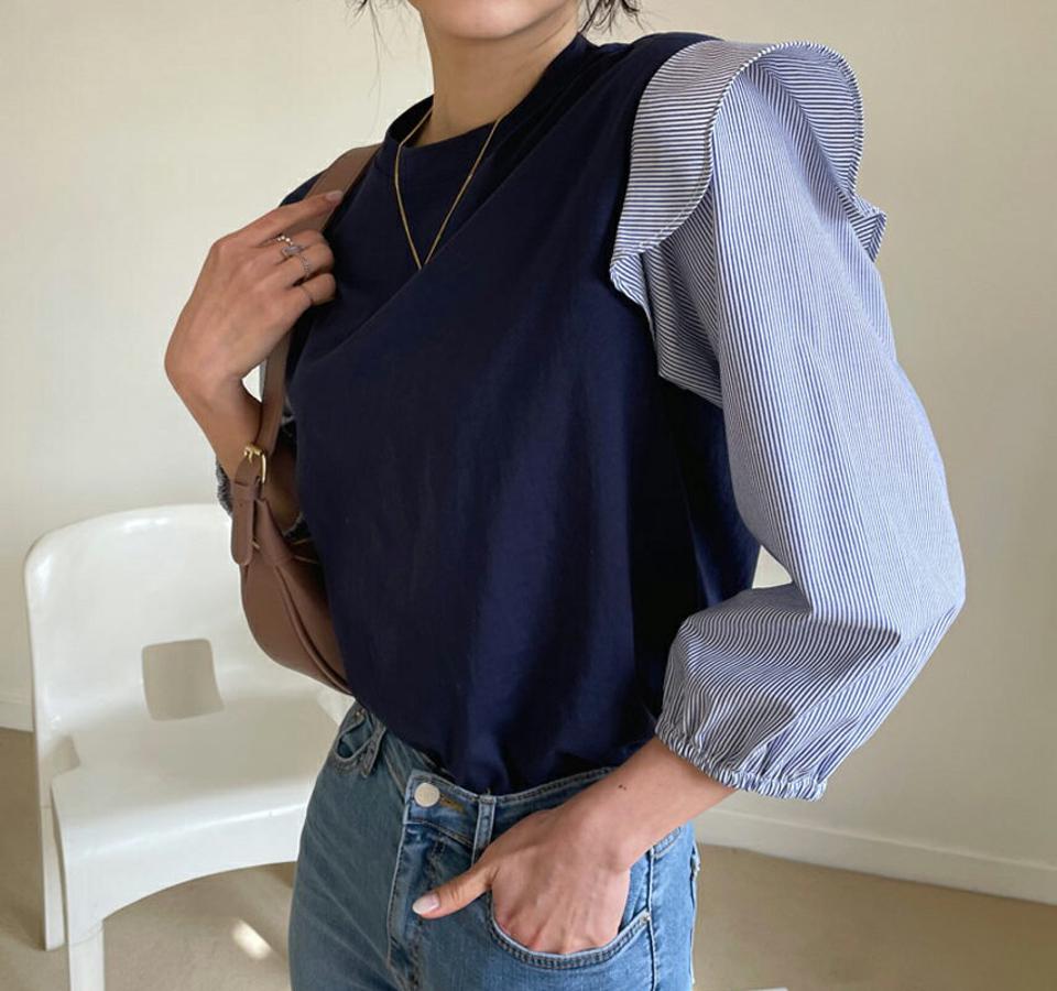 ストライプフリルスリーブTシャツ・全3色・b57018 レディース 【tops】【韓国 ファッション トップス Tシャツ 長袖 ラウンドネック ストライプ フリル スリーブ コントラスト 異素材 配色 肩フリル カジュアル 体型カーバー デイリー 細身 秋 春】