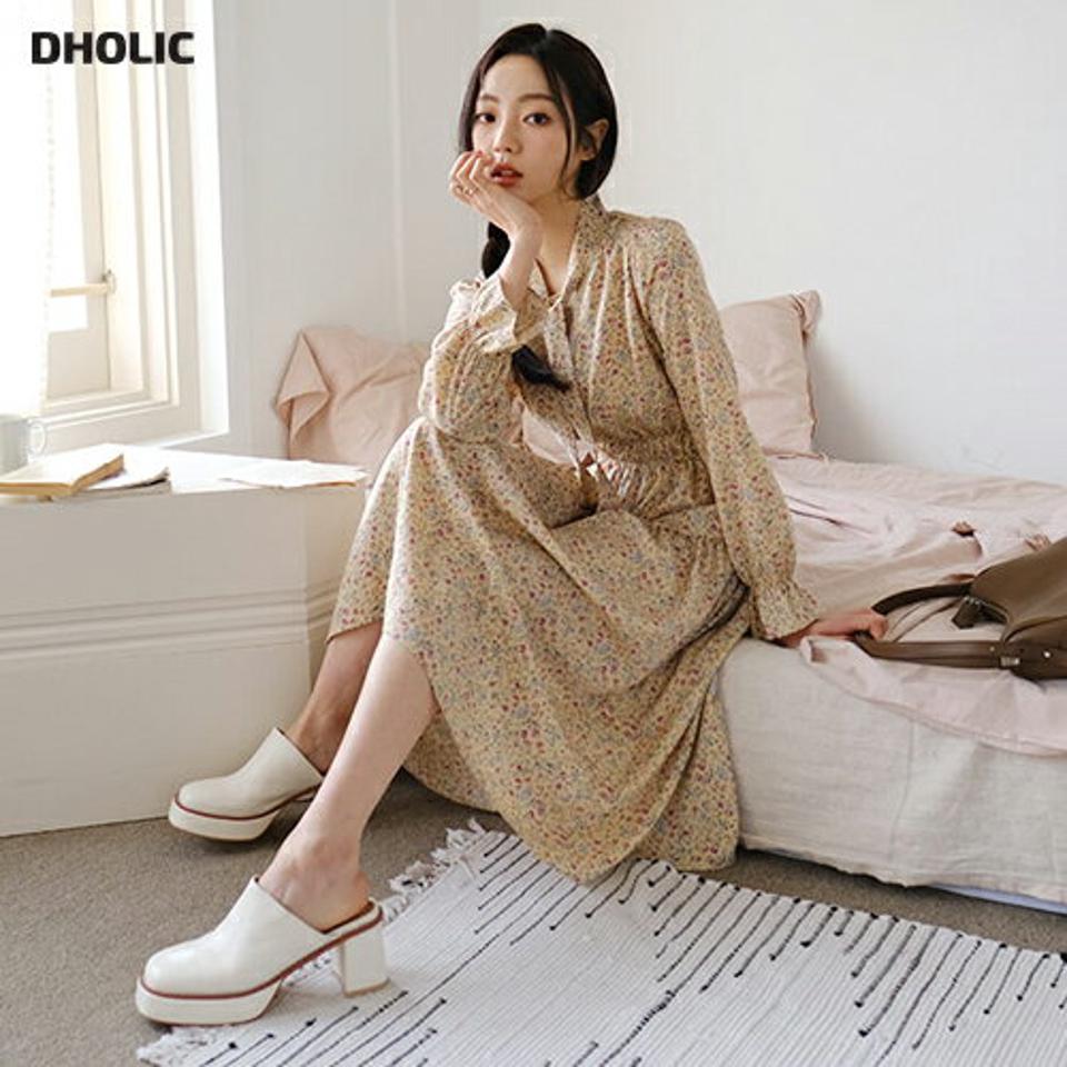 フローラルパターンリボンワンピース・全3色・t56993 レディース 【ops】【韓国 ファッション ワンピース ロング ロングワンピース カジュアル 花柄 フラワー フローラル パターン リボン ウエストゴム シフォン ネックリボン フェミニン 細身 体型カバー 秋 春】