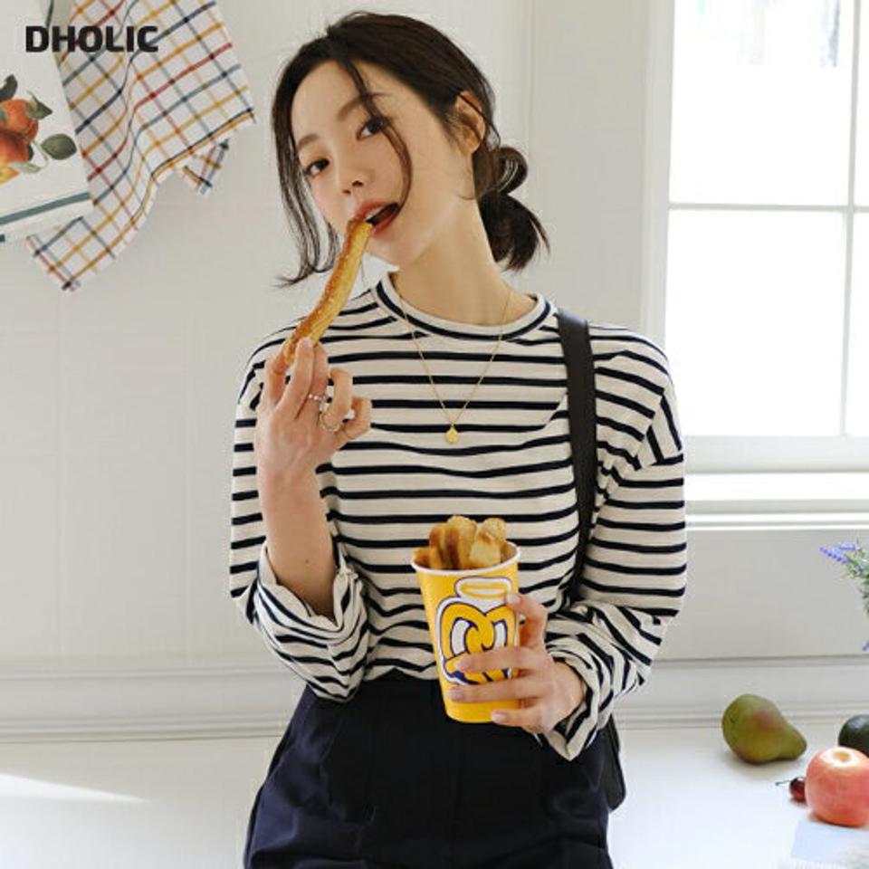 サイドスリットボーダーTシャツ・全6色・t56987 レディース 【tops】【韓国 ファッション トップス Tシャツ 長袖 ラウンドネック ボーダー ストライプ オールシーズン カジュアル 体型カーバー デイリー 細身 秋 春】