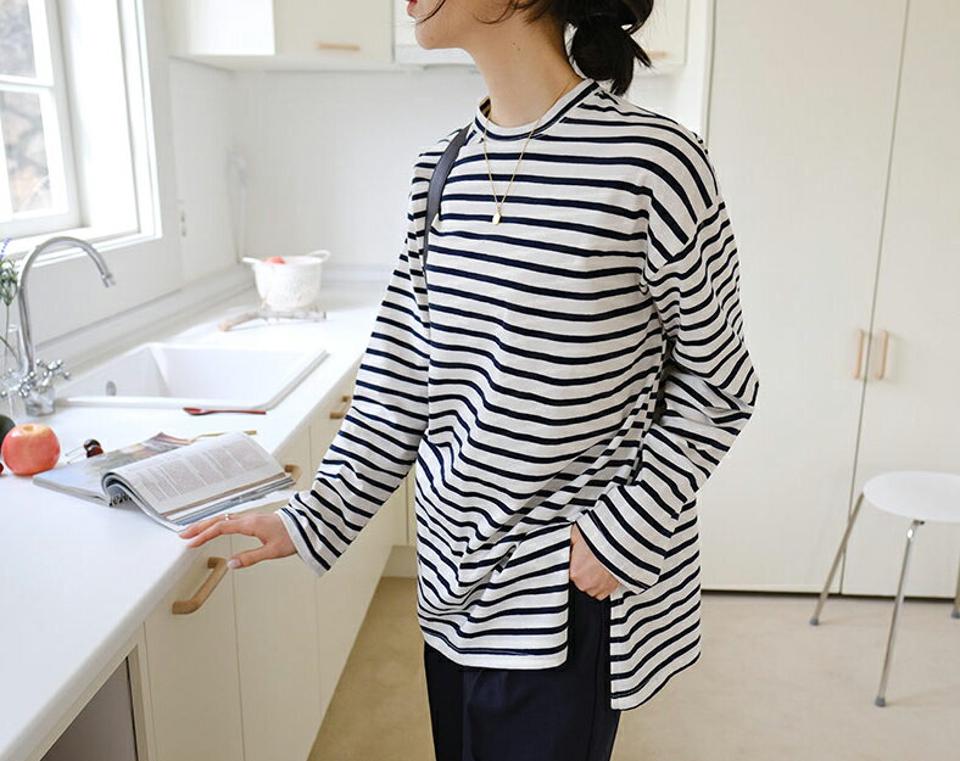 サイドスリットボーダーTシャツ・全6色・t56987 レディース 【tops】【韓国 ファッション トップス Tシャツ 長袖 ラウンドネック ボーダー ストライプ オールシーズン カジュアル 体型カーバー デイリー 細身 秋 春】