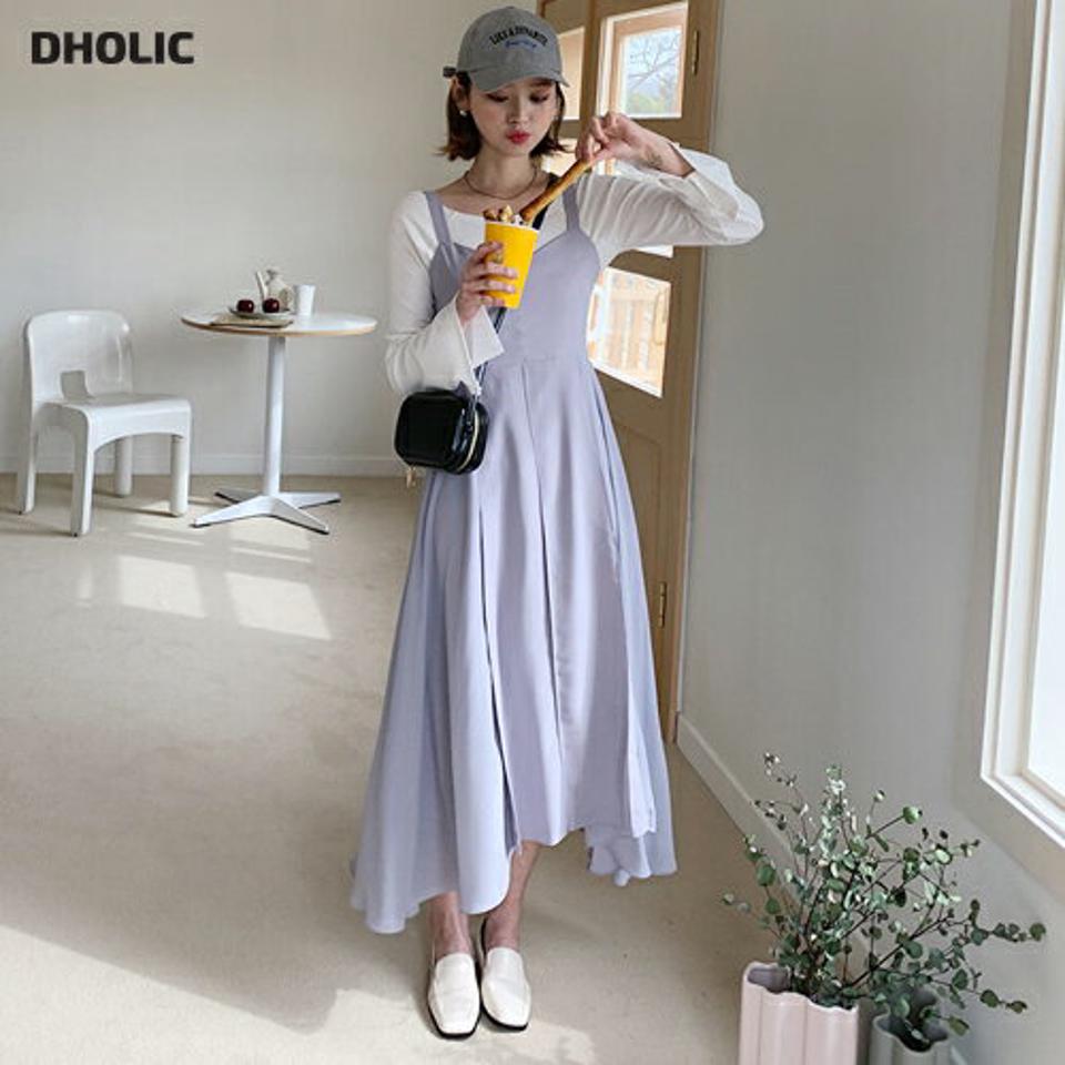 スリーブレスフレアワンピース・全3色・b56991 レディース 【ops】【韓国 ファッション ワンピース ロング ロングワンピース カジュアル スリーブレス フレア フレアワンピース シャーリング アンバランス 揺れ感 フェミニン 細身 体型カバー 秋 春】