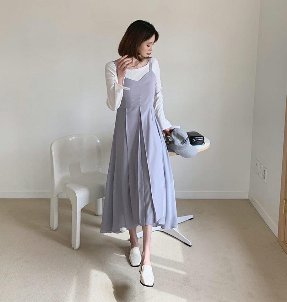 スリーブレスフレアワンピース・全3色・b56991 レディース 【ops】【韓国 ファッション ワンピース ロング ロングワンピース カジュアル スリーブレス フレア フレアワンピース シャーリング アンバランス 揺れ感 フェミニン 細身 体型カバー 秋 春】