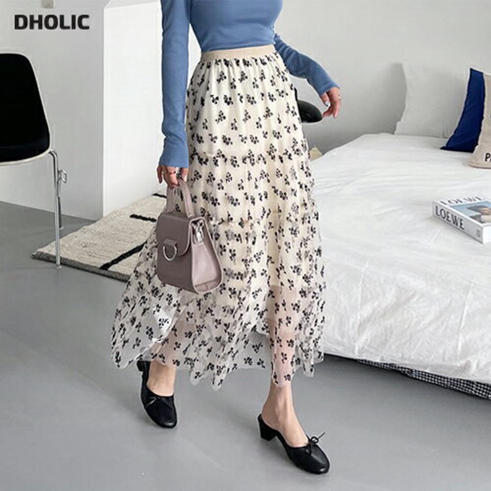シアーフローラルスカート・全2色・b65049 レディース 【sk】【韓国 ファッション ボトムス スカート ロング ロングスカート 花柄 フラワー フローラル パターン シアー ボリューム ウエストゴム Aライン 美脚 カジュアル 体型カバー フェミニン 春】【fw】