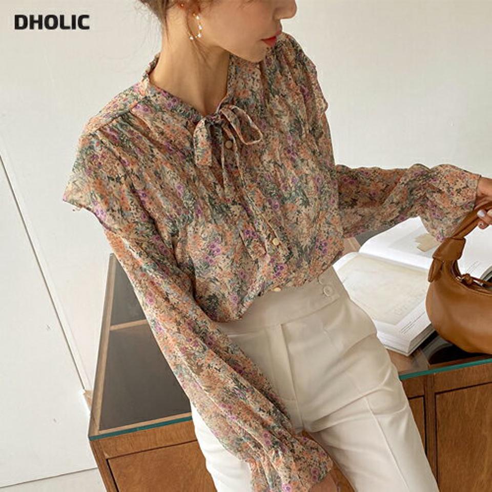 リボンフリル花柄ブラウス・全2色・t65035 レディース 【bl】【韓国 ファッション トップス ブラウス 長袖 上品 シフォン 花柄 シフォンブラウス ネックリボン フリル リボン リボンブラウス ガーリー フェミニン カジュアル デイリー 秋 春】