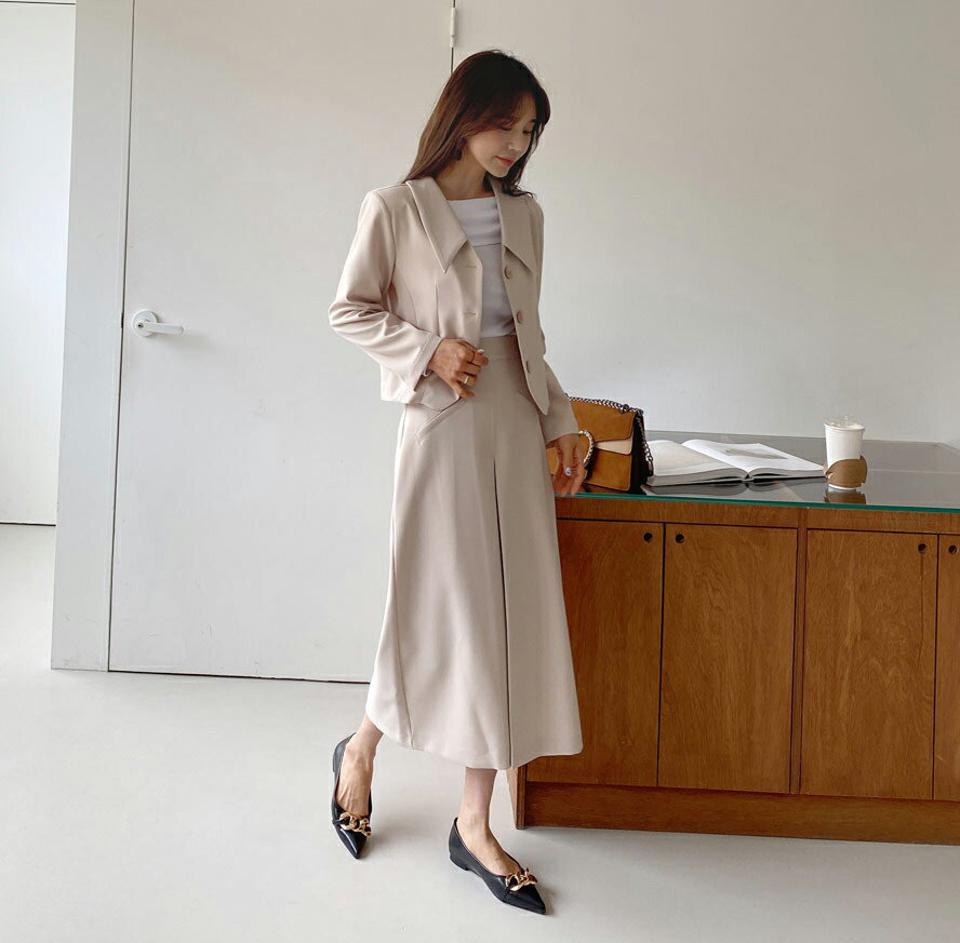 シングルショートジャケット&フェイクポケットタックスカートSET・全2色・t65056 レディース 【ops】【韓国 ファッション ワンピース ロング ロングワンピース セットアップ ショートジャケット フェイクポケット スカート Hライン フェミニン 秋 春】