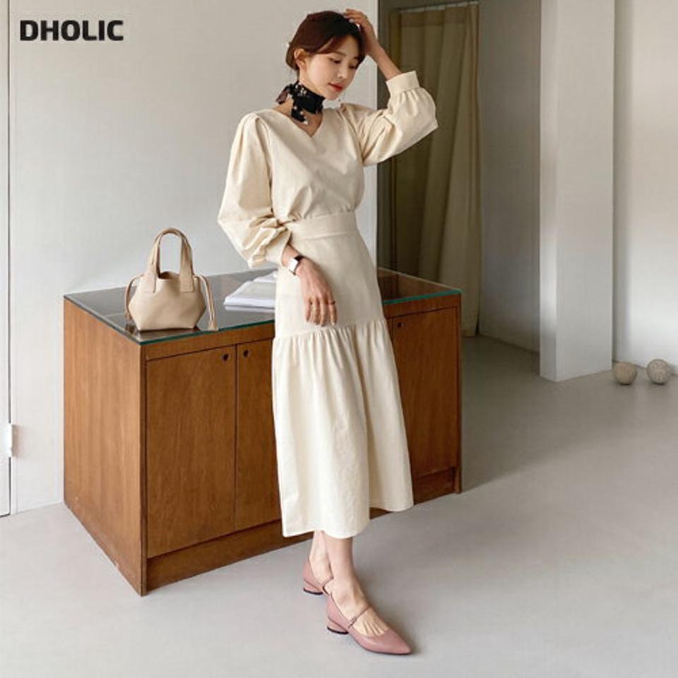 Vネックパフブラウス&ギャザースカートSET・全5色・t65043 レディース 【ops】【韓国 ファッション ワンピース ロング ロングワンピース セットアップ Vネック ブラウス カジュアル スカート ギャザー フレアスカート フレアワンピース 体型カバー 秋 春】