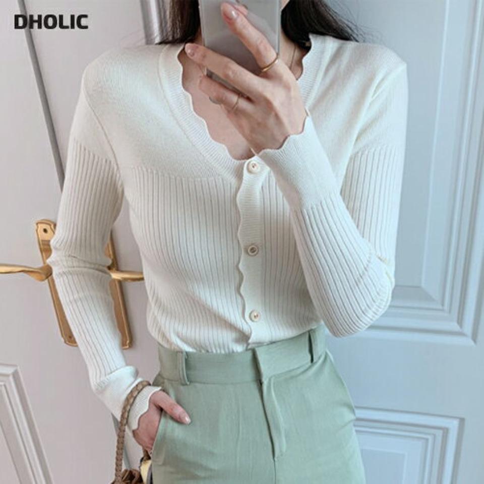 スカラップVネックリブニット・全4色・t67262 レディース 【tops】【トップス ニット ニットトップス 長袖 Vネック リブニット リブ スカラップ カジュアル かわいい 可愛い 春 秋 韓国 ファッション】【ハイホリHIHOLLI】
