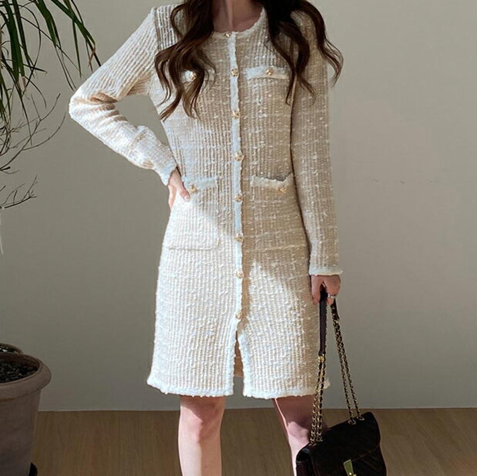 ツイード調ミディワンピース・全5色・t67264 レディース 【ops】【ワンピース ミディ丈 ミディワンピース ツイード 長袖 上品 高級感 ゴールドボタン かわいい 可愛い 春 秋 韓国 ファッション】【ハイホリHIHOLLI】