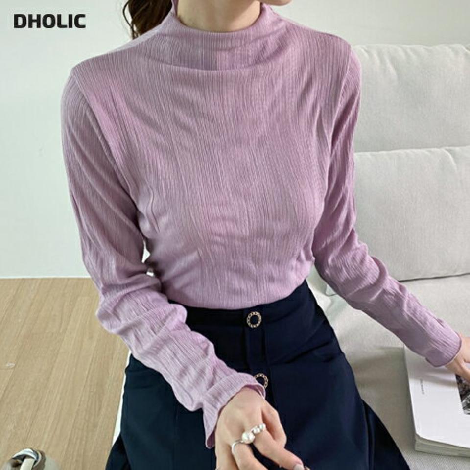 ハーフネックリンクルTシャツ・全5色・t67256 レディース 【tops】【トップス Tシャツ リンクル ハーフネック 長袖 単色 フェミニン 大人 シンプル カジュアル 春 秋 韓国 ファッション】【ハイホリHIHOLLI】