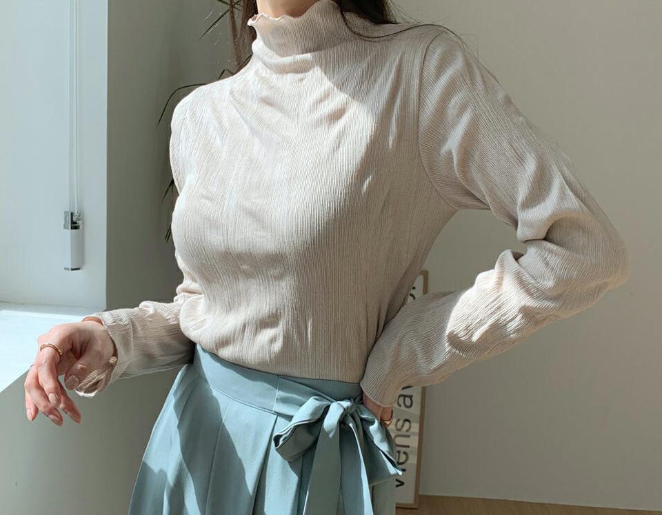 ハーフネックリンクルTシャツ・全5色・t67256 レディース 【tops】【トップス Tシャツ リンクル ハーフネック 長袖 単色 フェミニン 大人 シンプル カジュアル 春 秋 韓国 ファッション】【ハイホリHIHOLLI】