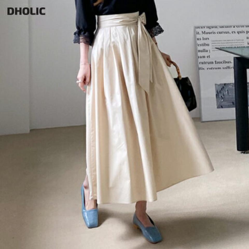 リボンタックフレアスカート・全2色・t67277 レディース 【sk】 スカート ロング ロングスカート フレアスカート フレア リボン りぼん タック 単色 無地 シンプル 春 秋 韓国 ファッション ハイホリHIHOLLI