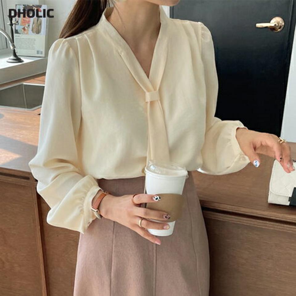 Vネックリボンブラウス・全3色・t65036 レディース 【bl】【韓国 ファッション トップス ブラウス 長袖 上品 Vネック 上品さ リボン リボンブラウス ガーリー 上品 フェミニン カジュアル デイリー 秋 春】