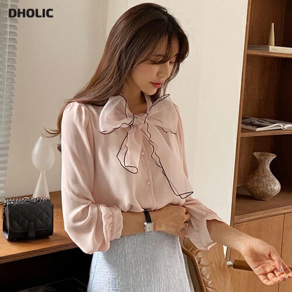 配色シアーリボンブラウス・全3色・t65038 レディース 【bl】【韓国 ファッション トップス ブラウス 長袖 上品 配色ライン シアー リボン リボンブラウス ガーリー 上品 フェミニン カジュアル デイリー 秋 春】