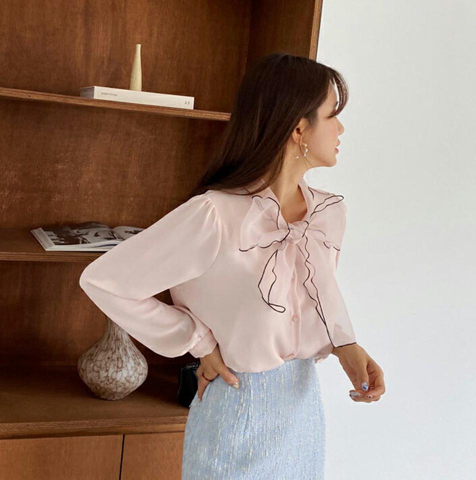 配色シアーリボンブラウス・全3色・t65038 レディース 【bl】【韓国 ファッション トップス ブラウス 長袖 上品 配色ライン シアー リボン リボンブラウス ガーリー 上品 フェミニン カジュアル デイリー 秋 春】