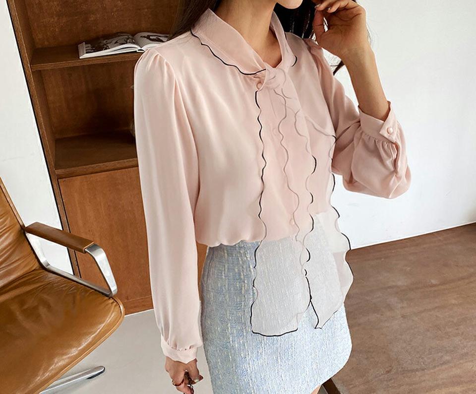 配色シアーリボンブラウス・全3色・t65038 レディース 【bl】【韓国 ファッション トップス ブラウス 長袖 上品 配色ライン シアー リボン リボンブラウス ガーリー 上品 フェミニン カジュアル デイリー 秋 春】