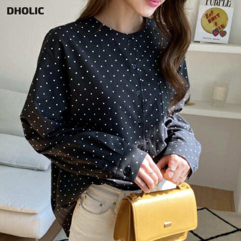 ノーカラードットボタンブラウス・全2色・t67251 レディース 【bl】【トップス ブラウス 長袖 ドット柄 ノーカラー ノーカラーブラウス 大人 カジュアル レトロ 春 秋 韓国 ファッション】【ハイホリHIHOLLI】