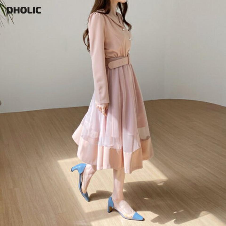 ベルト付メッシュフレアカラーワンピース・全3色・t67265 レディース 【ops】【ワンピース ロング ロングワンピース フレア メッシュ 透け感 シアー シースルー 長袖 フェミニン 可愛い かわいい 春 秋 韓国 ファッション】【ハイホリHIHOLLI】