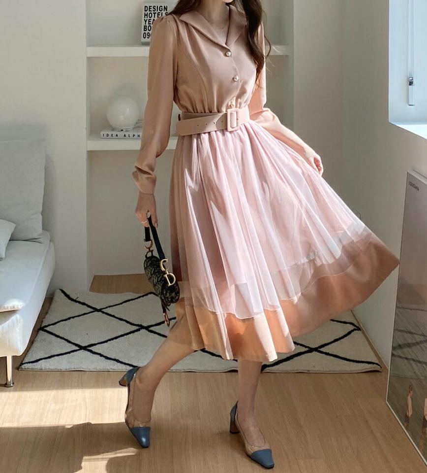 ベルト付メッシュフレアカラーワンピース・全3色・t67265 レディース 【ops】【ワンピース ロング ロングワンピース フレア メッシュ 透け感 シアー シースルー 長袖 フェミニン 可愛い かわいい 春 秋 韓国 ファッション】【ハイホリHIHOLLI】