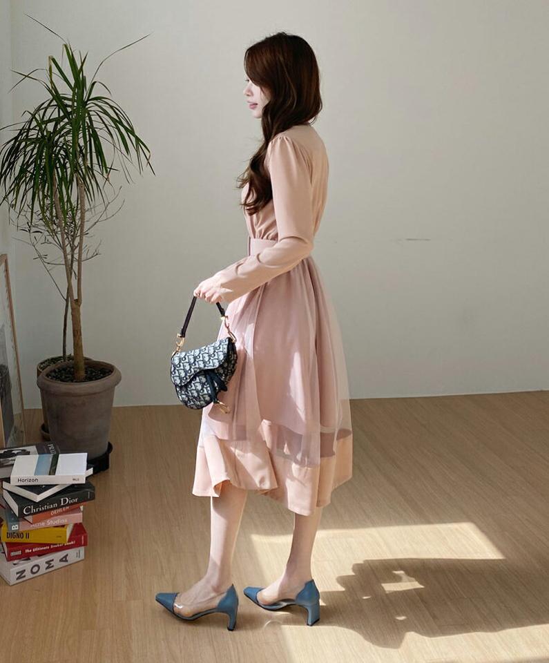 ベルト付メッシュフレアカラーワンピース・全3色・t67265 レディース 【ops】【ワンピース ロング ロングワンピース フレア メッシュ 透け感 シアー シースルー 長袖 フェミニン 可愛い かわいい 春 秋 韓国 ファッション】【ハイホリHIHOLLI】