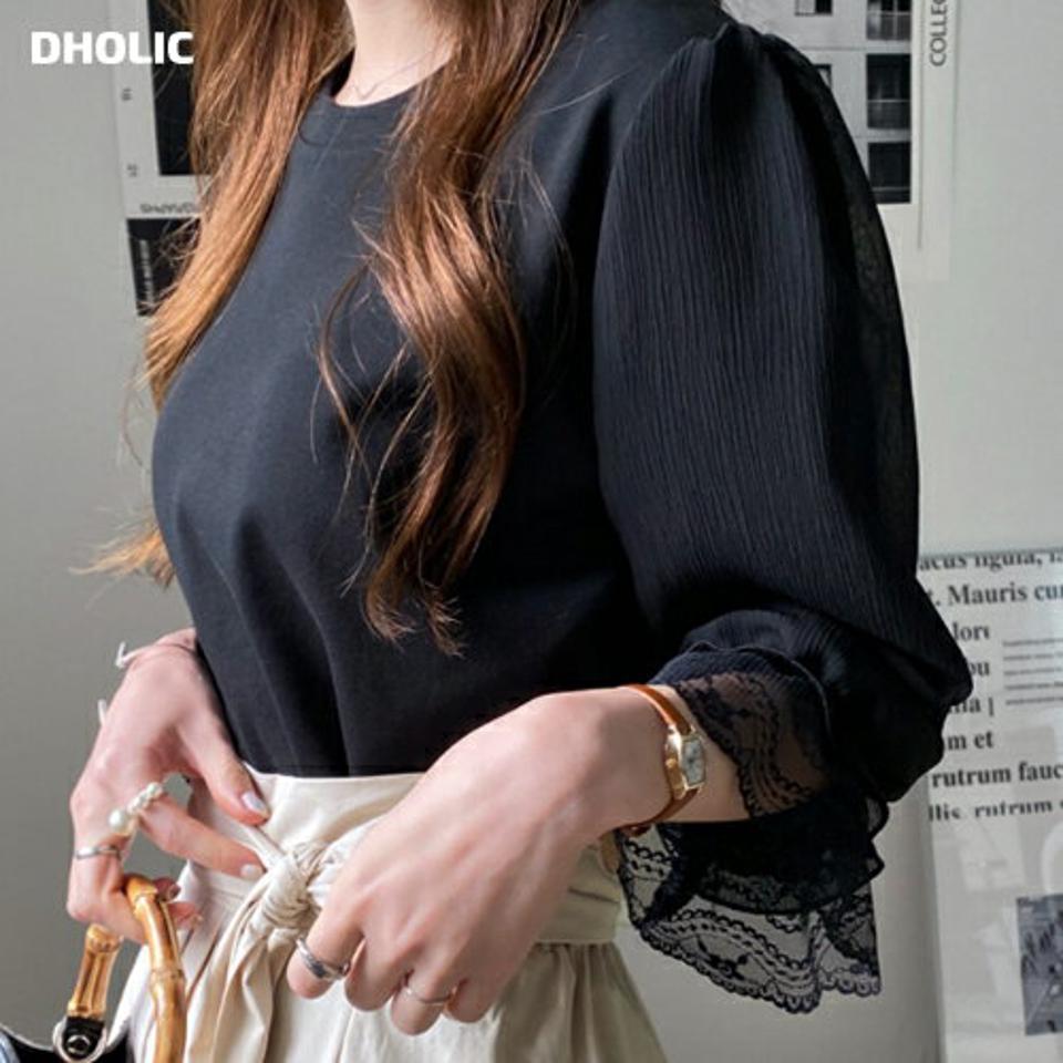 レースヘムスリーブTシャツ・全2色・t67257 レディース 【tops】【トップス Tシャツ 七分丈 七分袖 7分丈 7分袖 レース 透け感 シアー シースルー フェミニン シンプル 春 秋 韓国 ファッション】【ハイホリHIHOLLI】