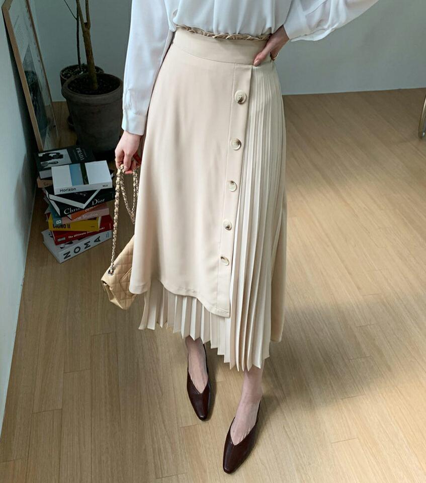 プリーツフリルボタンスカート・全3色・t67276 レディース 【sk】【スカート ロング ロングスカート プリーツ フリル プリーツスカート フェミニン 可愛い かわいい 春 秋 韓国 ファッション】【ハイホリHIHOLLI】