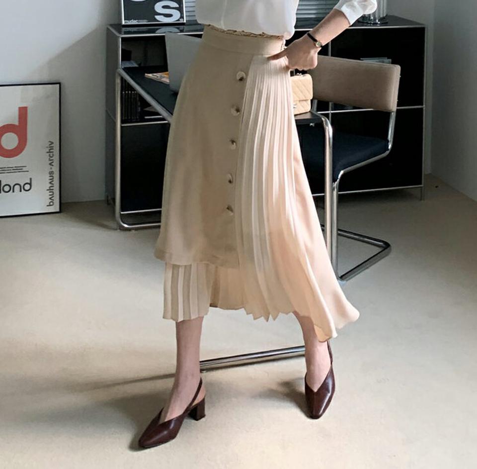 プリーツフリルボタンスカート・全3色・t67276 レディース 【sk】【スカート ロング ロングスカート プリーツ フリル プリーツスカート フェミニン 可愛い かわいい 春 秋 韓国 ファッション】【ハイホリHIHOLLI】