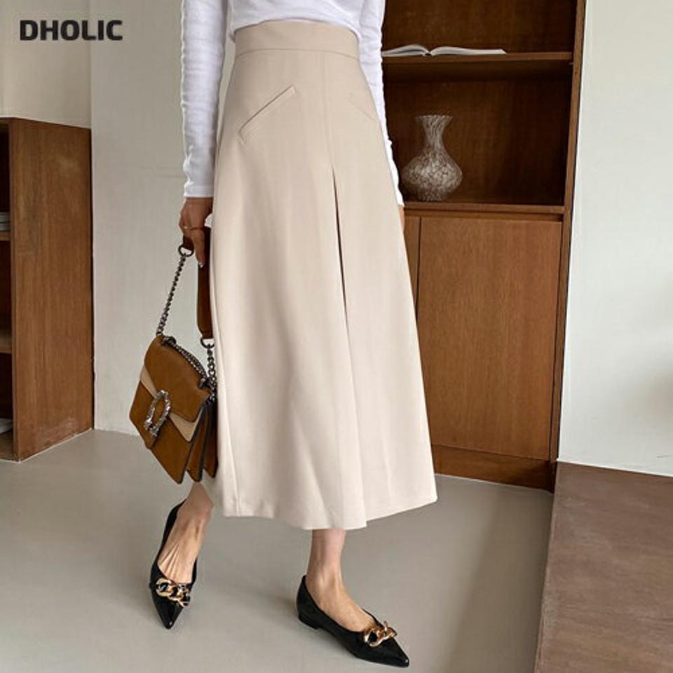 フェイクポケットタックスカート・全2色・t65054 レディース 【sk】【韓国 ファッション ボトムス スカート ロング ロングスカート フェイクポケット Hライン バックスリット 美脚 カジュアル 体型カバー フェミニン デイリー 秋 春】