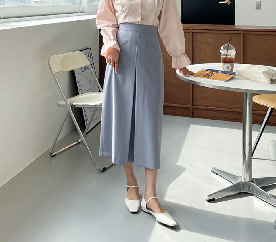 フェイクポケットタックスカート・全2色・t65054 レディース 【sk】【韓国 ファッション ボトムス スカート ロング ロングスカート フェイクポケット Hライン バックスリット 美脚 カジュアル 体型カバー フェミニン デイリー 秋 春】