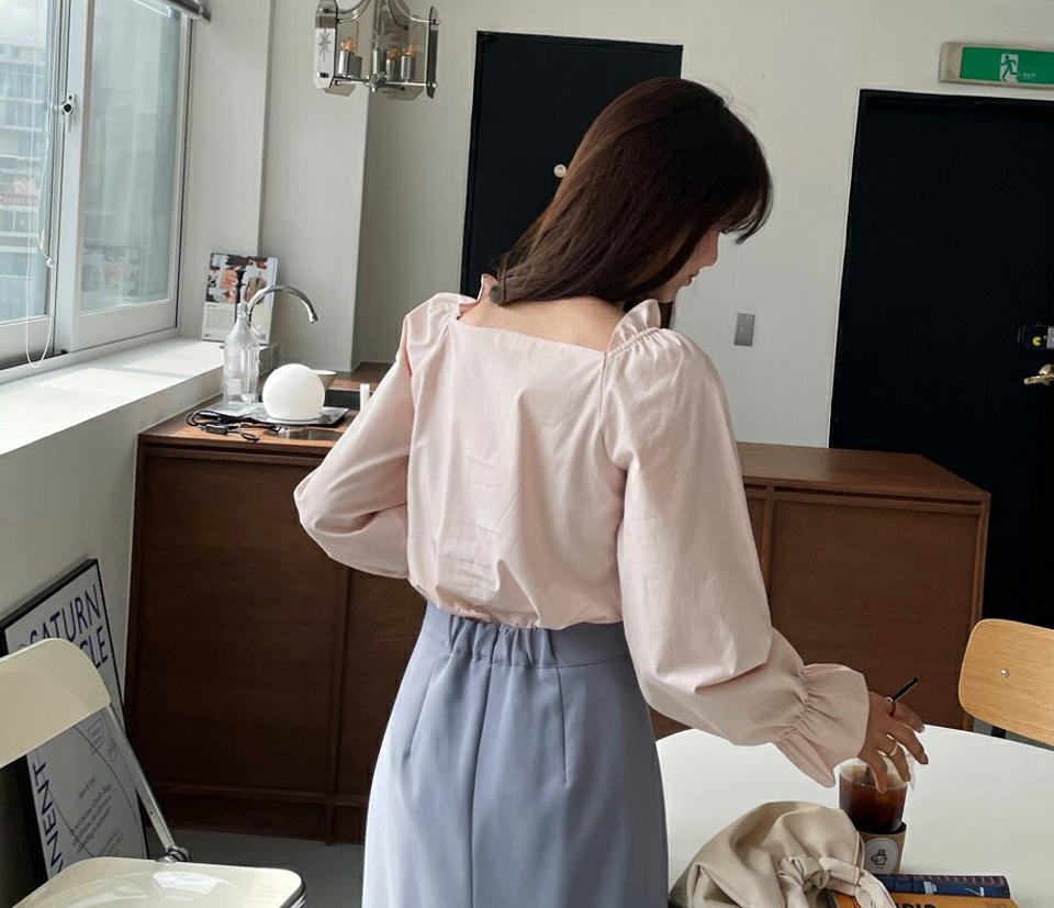 スクエアフリルブラウス・全4色・t65037 レディース 【bl】【韓国 ファッション トップス ブラウス 長袖 上品 スクエアネック フリル スクエアボタン フリルブラウス ガーリー 上品 フェミニン カジュアル デイリー 秋 春】