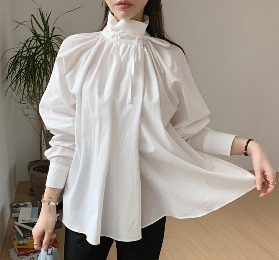 ハイネックリボンブラウス・全2色・t67255 レディース 【bl】【トップス ブラウス 長袖 リボン りぼん ハイネック モダン 大人 きれいめ 春 秋 韓国 ファッション】【ハイホリHIHOLLI】