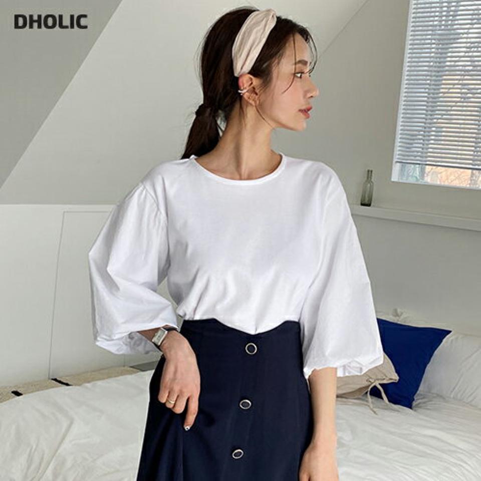 バルーンスリーブTシャツ・全4色・b65034 レディース 【tops】【韓国 ファッション トップス Tシャツ 長袖 異素材 バルーンスリーブ ラウンドネック ボリューム スリム ルーズトップス カジュアル 体型カーバー デイリー 細身 秋 春】
