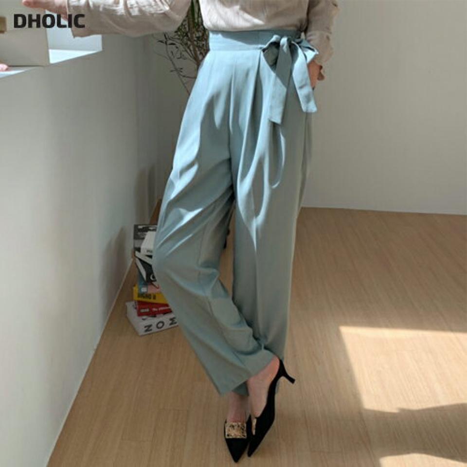 タックサイドリボンスラックス・全2色・t67281 レディース 【pt】【スラックス パンツ ズボン ロングパンツ リボン りぼん 単色 無地 シンプル タック 大人 きれいめ 春 秋 韓国 ファッション】【ハイホリHIHOLLI】