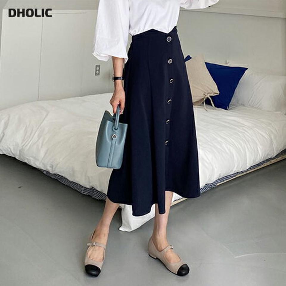 ボタンAラインスカート・全2色・t65053 レディース 【sk】【韓国 ファッション ボトムス スカート ロング ロングスカート ウエストゴム フェイクボタン Aライン ウエストVライン ワイドゴム カジュアル 体型カバー フェミニン デイリー 秋 春】