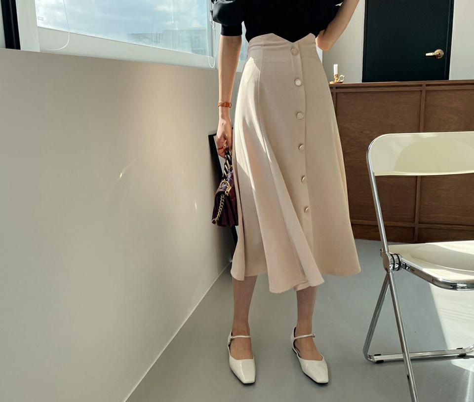 ボタンAラインスカート・全2色・t65053 レディース 【sk】【韓国 ファッション ボトムス スカート ロング ロングスカート ウエストゴム フェイクボタン Aライン ウエストVライン ワイドゴム カジュアル 体型カバー フェミニン デイリー 秋 春】
