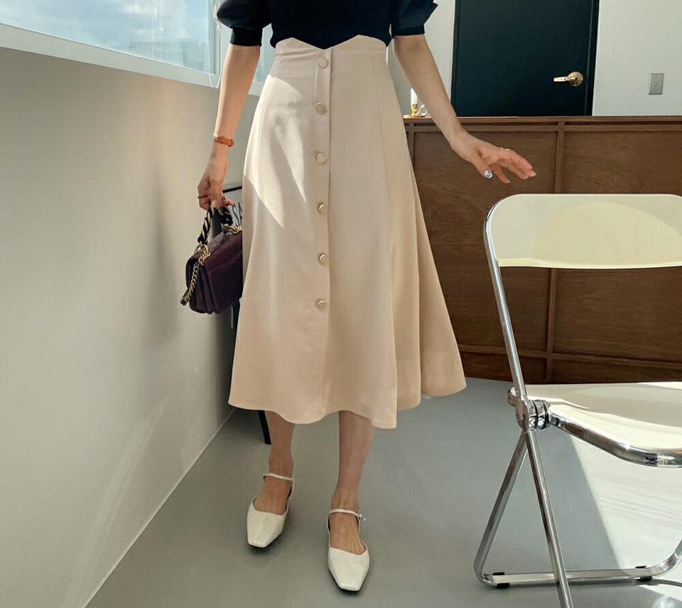 ボタンAラインスカート・全2色・t65053 レディース 【sk】【韓国 ファッション ボトムス スカート ロング ロングスカート ウエストゴム フェイクボタン Aライン ウエストVライン ワイドゴム カジュアル 体型カバー フェミニン デイリー 秋 春】