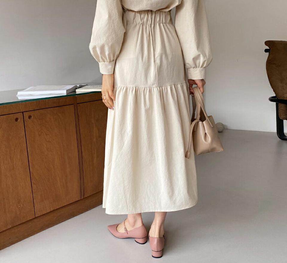 ギャザースカート・全5色・t65044 レディース 【sk】【韓国 ファッション ボトムス スカート ロング ロングスカート ギャザー ボリューム フレアスカート バックゴム Aライン 美脚 カジュアル 体型カバー フェミニン デイリー 秋 春】