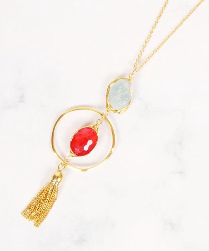 K14GF レッドクリスタル×タッセルネックレス