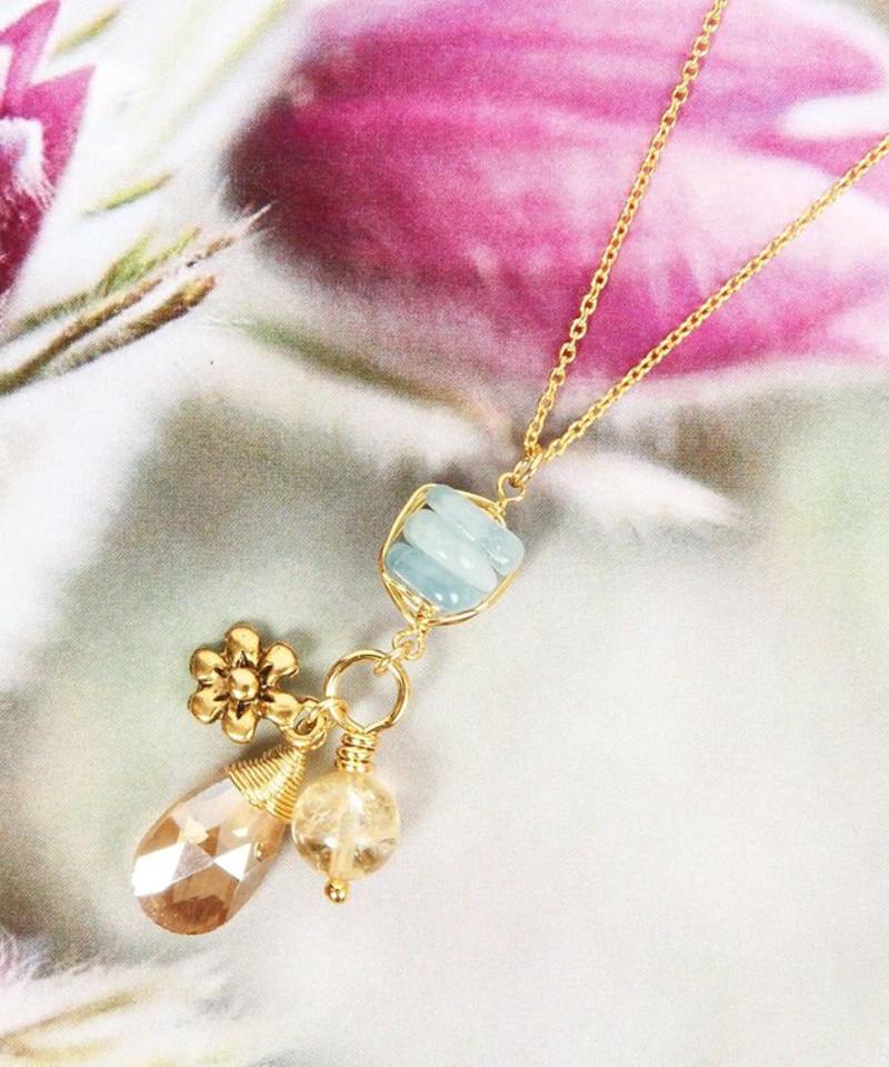 【ときめくカラフル天然石】K14GF お花のオレンジネックレス