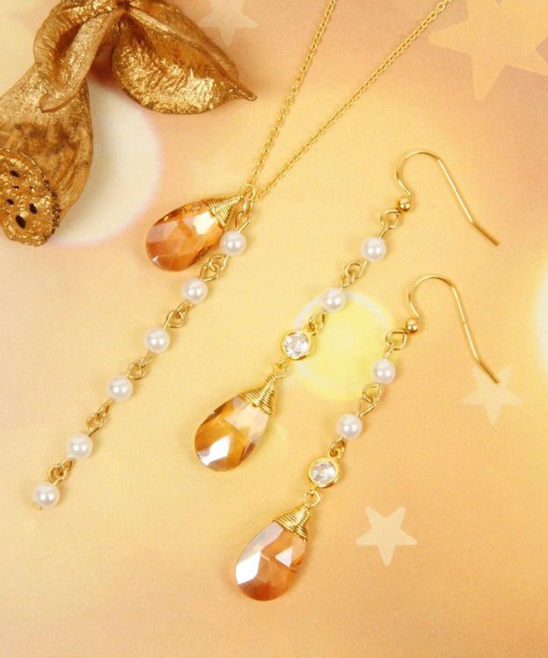 【セットで自分へのご褒美に】K14GF クリスタルネックレス＆ピアスセット